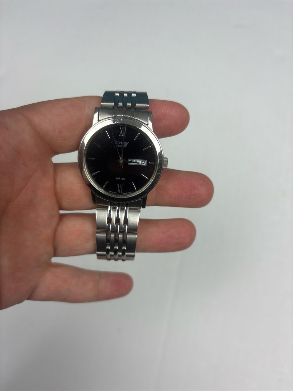 Citizen Quartz Day Date WR 50 Men Watch Stainless Steel Black Dial 2500-S029198